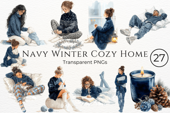 Download Navy Winter Cozy Home Watercolor Clipart - Cozy home Collection