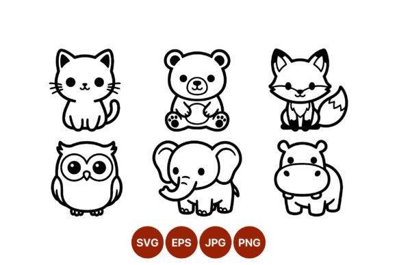 Download Cute Black and White Animal Line Art Set - Animal line art Collection