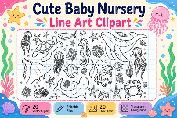 Download Ocean Animal Line Art Clipart Bundle - Animal line art Collection