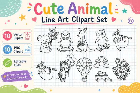 Download Cute Animal Line Art Clipart Set - Animal line art Collection