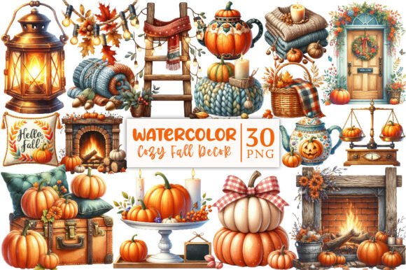 Download Watercolor Cozy Fall Decor Clipart - Watercolor Collection